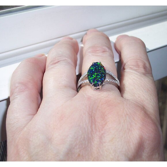 925 Sterling Silver Marquise Lab Created Green Black Opal CZ Ring - Picture 5 of 15
